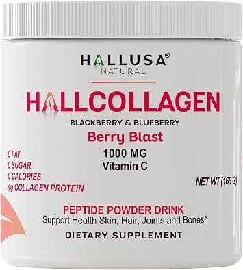 HallCollagen Collagen Peptides Powder Type 1 & 3 with Vitamin C 1000mg | Hydrolyzed Collagen Supplement for Skin, Hair, Nails, Joints & Bones Support | Berry Blast, 30 Servings