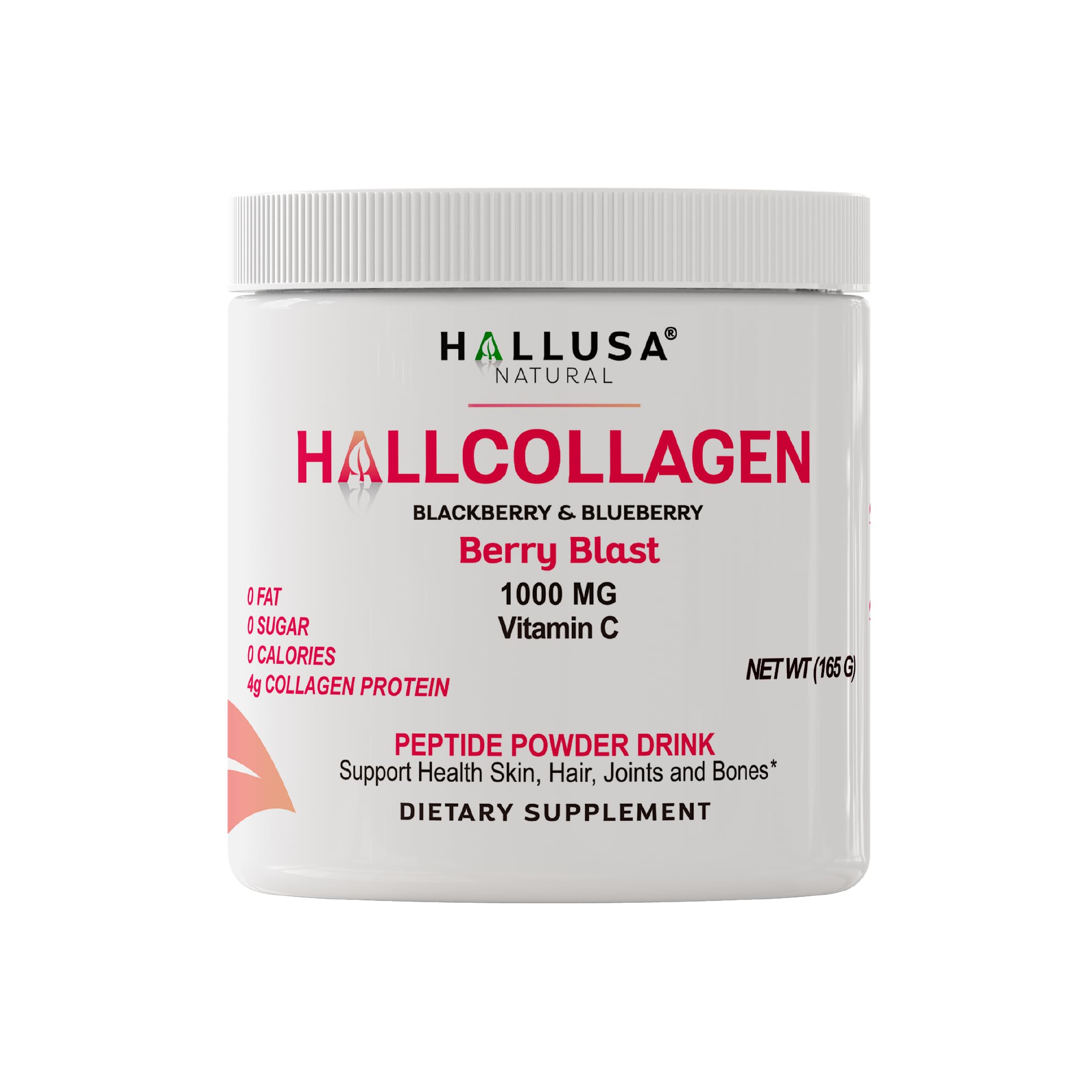Hallusa Natural Hydrolyzed Collagen Peptides, Type I & III, Berry Blast Flavor, with Vitamin C, 5.82 oz (165 g), 30 Servings
