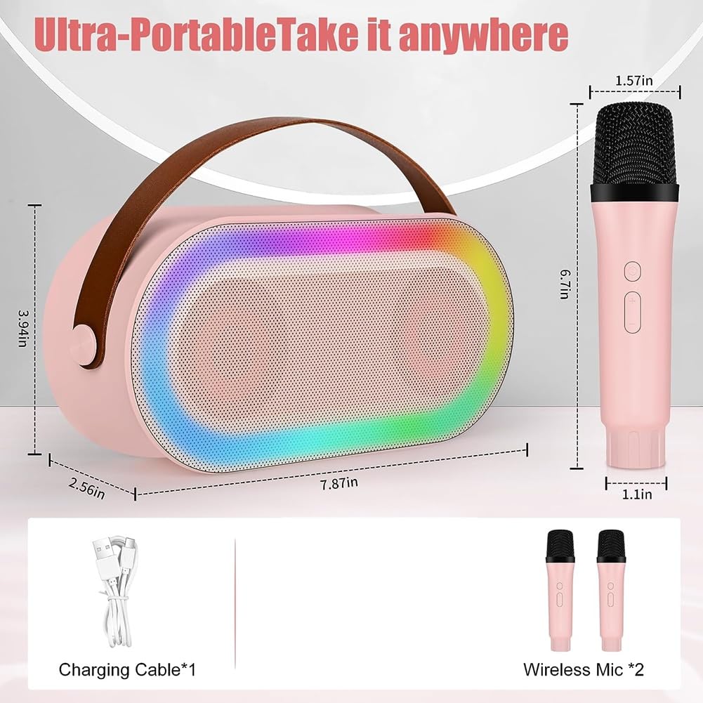 Mini Karaoke, przenośny zestaw głośników Bluetooth z 2 mikrofonami bez i światłami LED (różowy)