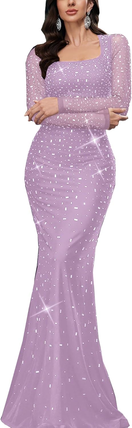 Women's Formal Evening Gown Elegant Rhinestone Long Prom Dress Wedding Guest Party ...