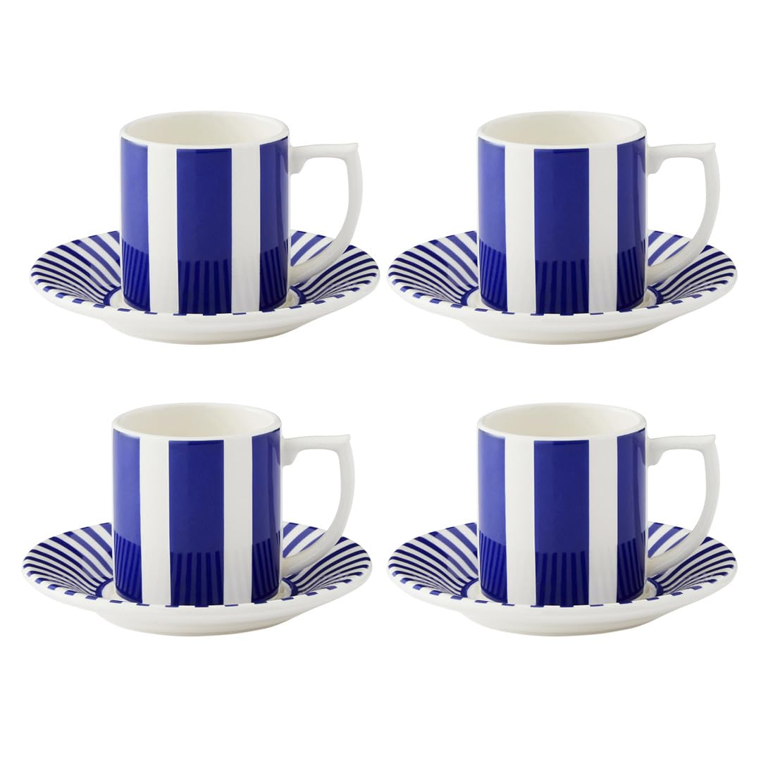 Spode Steccato Collection Espresso Cups and Saucer Set of 4, Bold Stripes, 3 Ounce Demitasse Cups, Ceramic Cup and Sauce Gift Set, Dishwasher Safe, Made in England