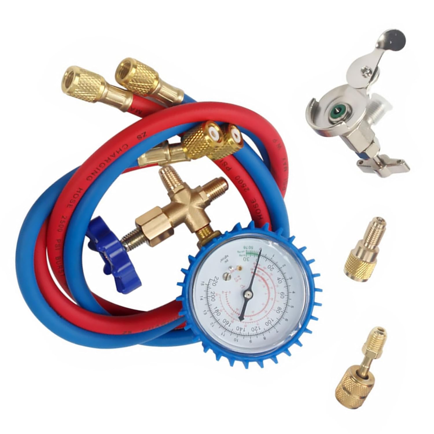 Car Ac Manifold Gauge Set with Hoses, Automotive Service Tool for Charging and HVAC System Repair, Silicone Oil Included, Suitable for Car Ac Maintenance Random Color