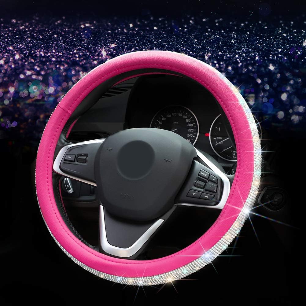 Otostar Luxury Litchi Soft Leather Crystal Steering Wheel Cover, with 3444pcs Premium Bling Bling Full Diamond 15 inch (Hot Pink)