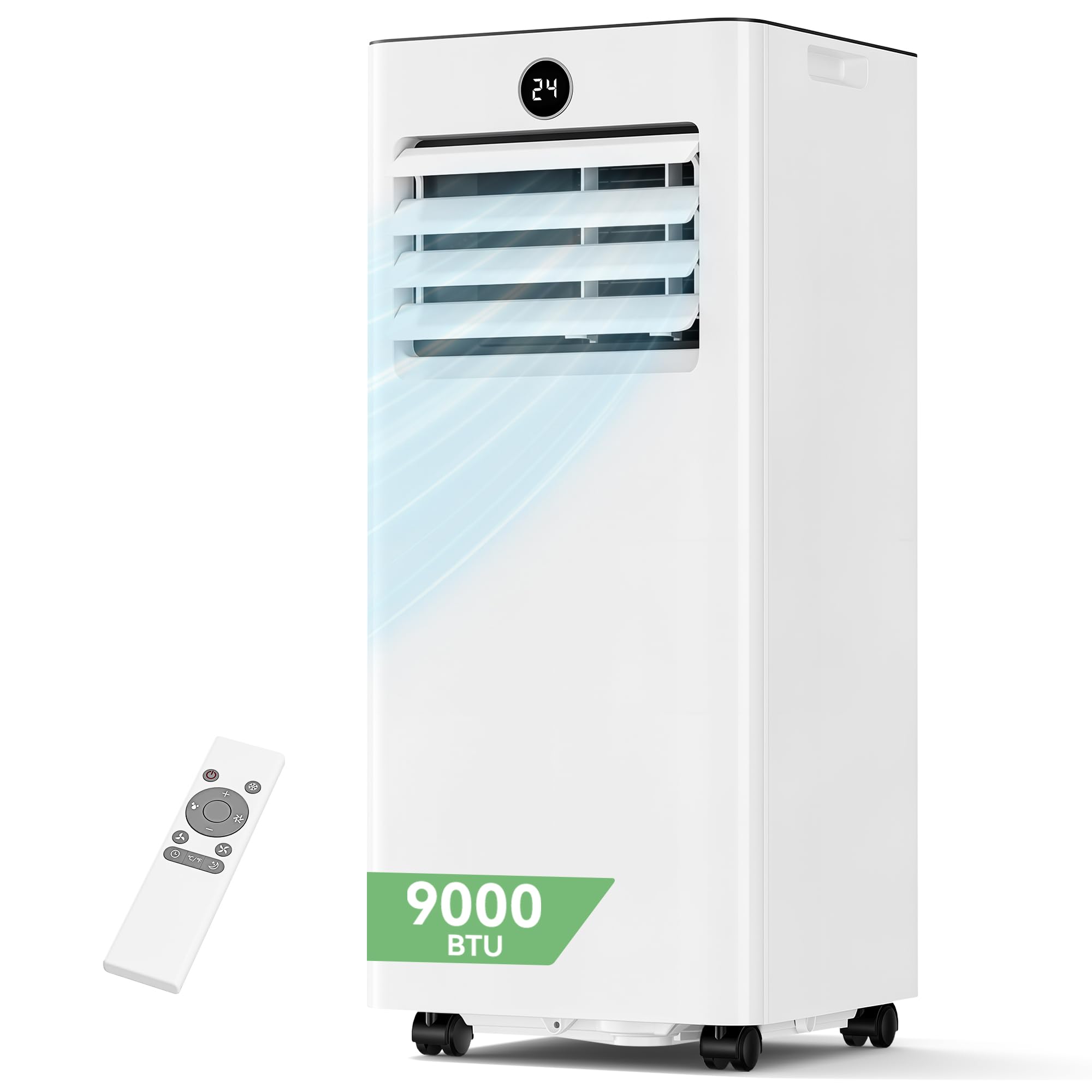 JUMMICO Portable Air Conditioner placed in a living room, showing airflow arrows indicating cooling coverage up to 28 m².