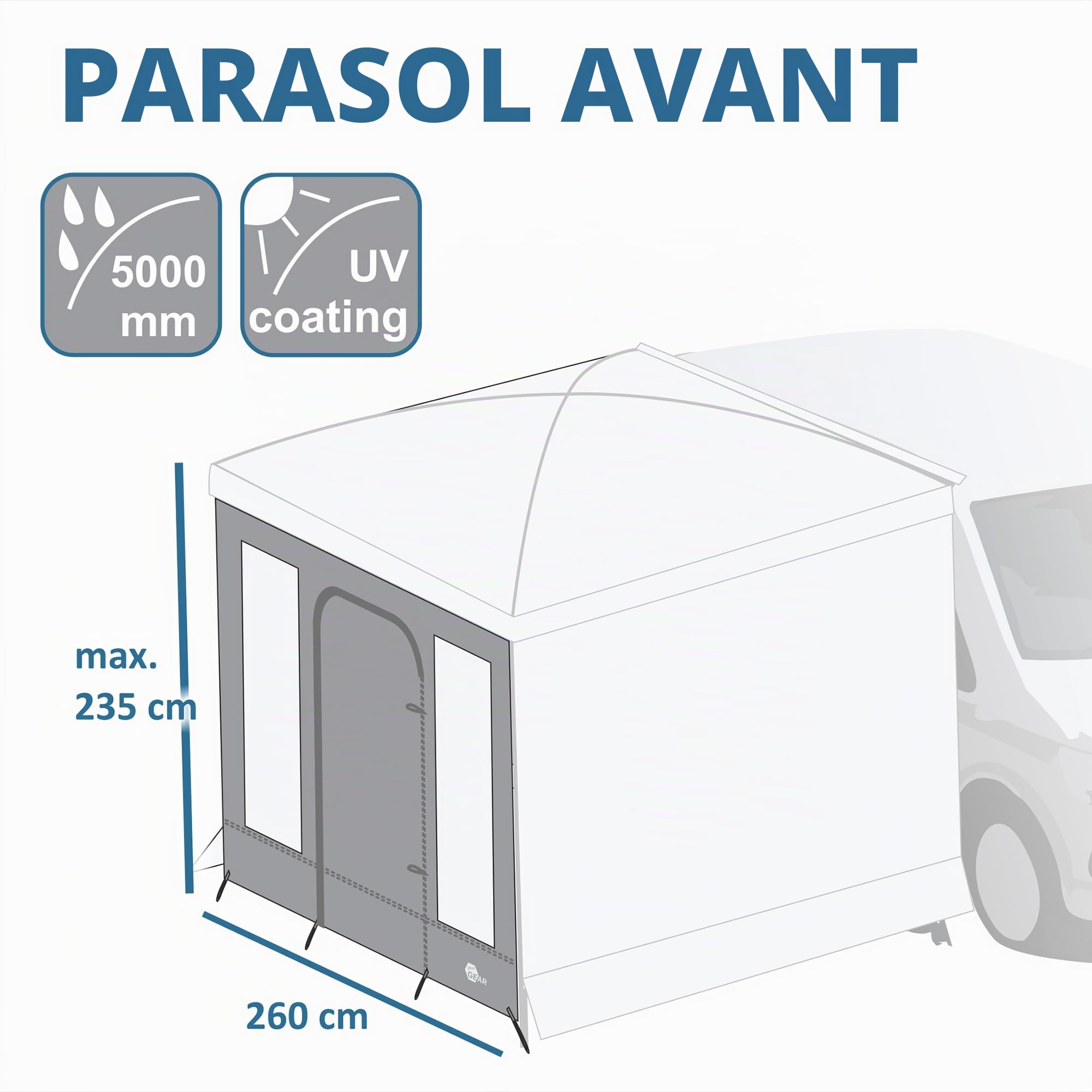 your GEAR Parasol - Auvent pare-soleil pour Bulli, Multivan, camping-car, 260 x 260 cm, 2 parois latérales ou your GEAR Paroi avant - 260 x 235 cm Paroi avant avec porte et fenêtre (paroi avant pour