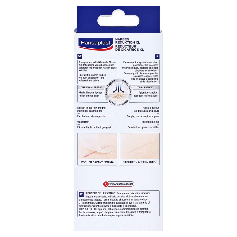 Hansaplast Narben Reduktion (21 Stück je 3 cm x 14,6 cm), Narbenpflaster zur Reduktion der Sichtbarkeit von Narben, macht Narben dauerhaft flacher, heller und weicher