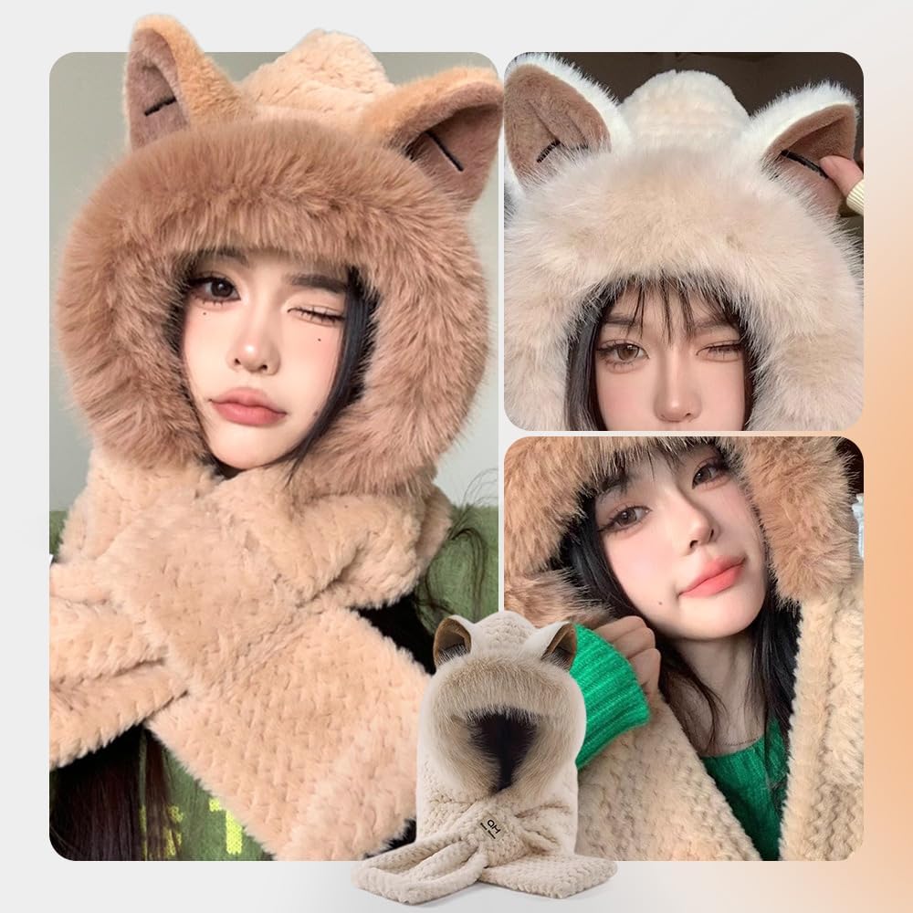 Bonito gorro y bufanda 2 en 1 2025, protección integrada para los oídos, bufanda resistente al viento, gorro cálido de invierno para mujer