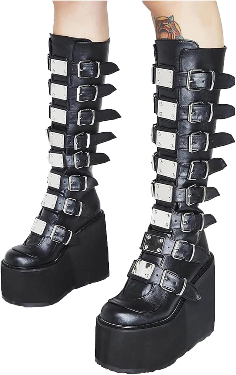 Ctreela Women's Punk Platform Studded Boots Black Goth Chunky Mid Calf Wedges Steampunk Grunge Buckle Wedge Heels Booties
