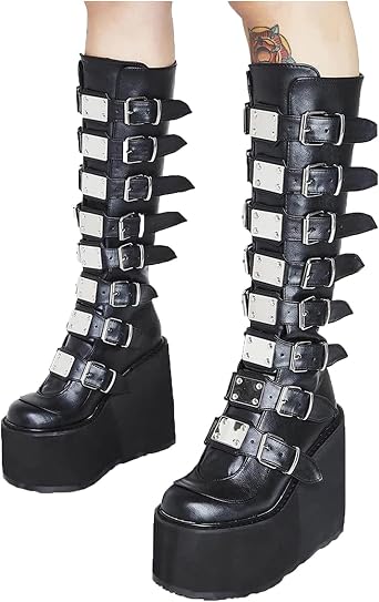 Knee High Platform Boots for Women Goth Metal Buckles Combat Boots Wedge Heel Punk Leather Motorcycle Boot