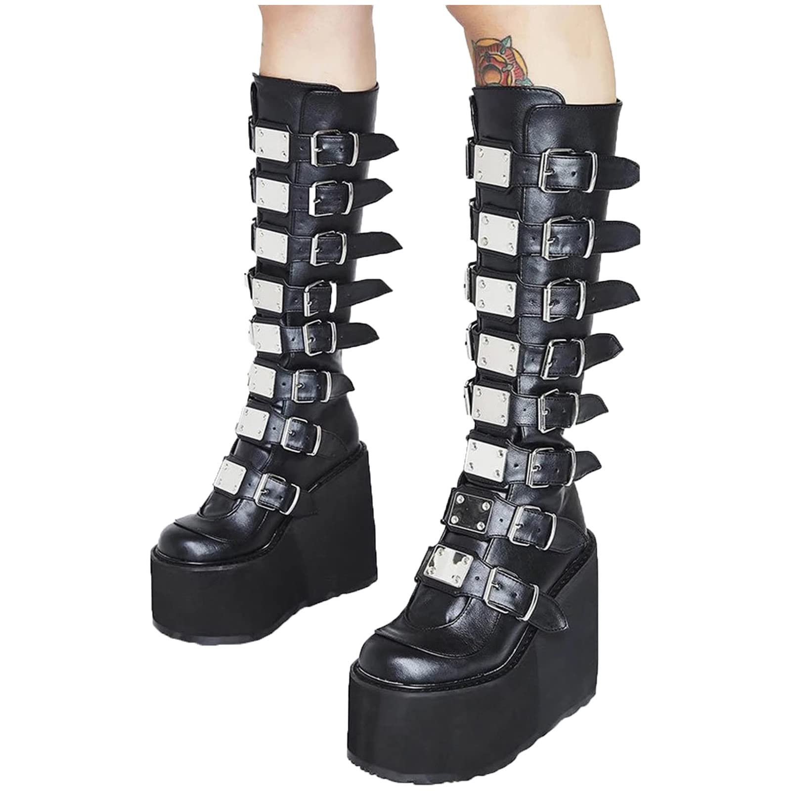 Yolimok Botines Plateau para mujer Botas militares estilo punk con plataforma Mujer Botas Plataforma cuña Zapato Señoras Nieve Botas de cuero punk gotico Invierno Cálidas Antideslizante Botas