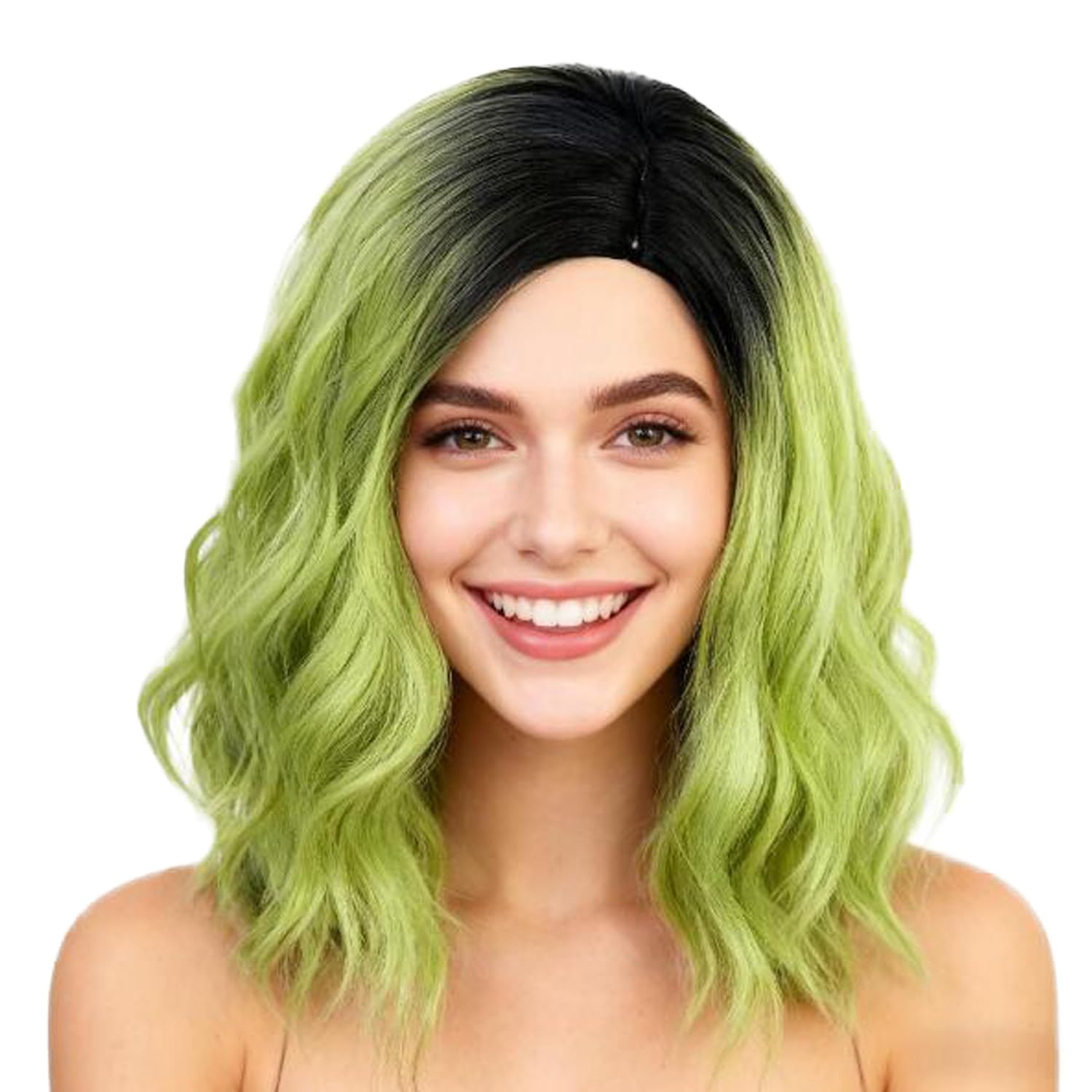 Green ombre wig cosplay accessories Long Wavy Body Wave Neon Green Black Ombre Wig Synthetic  main image 2
