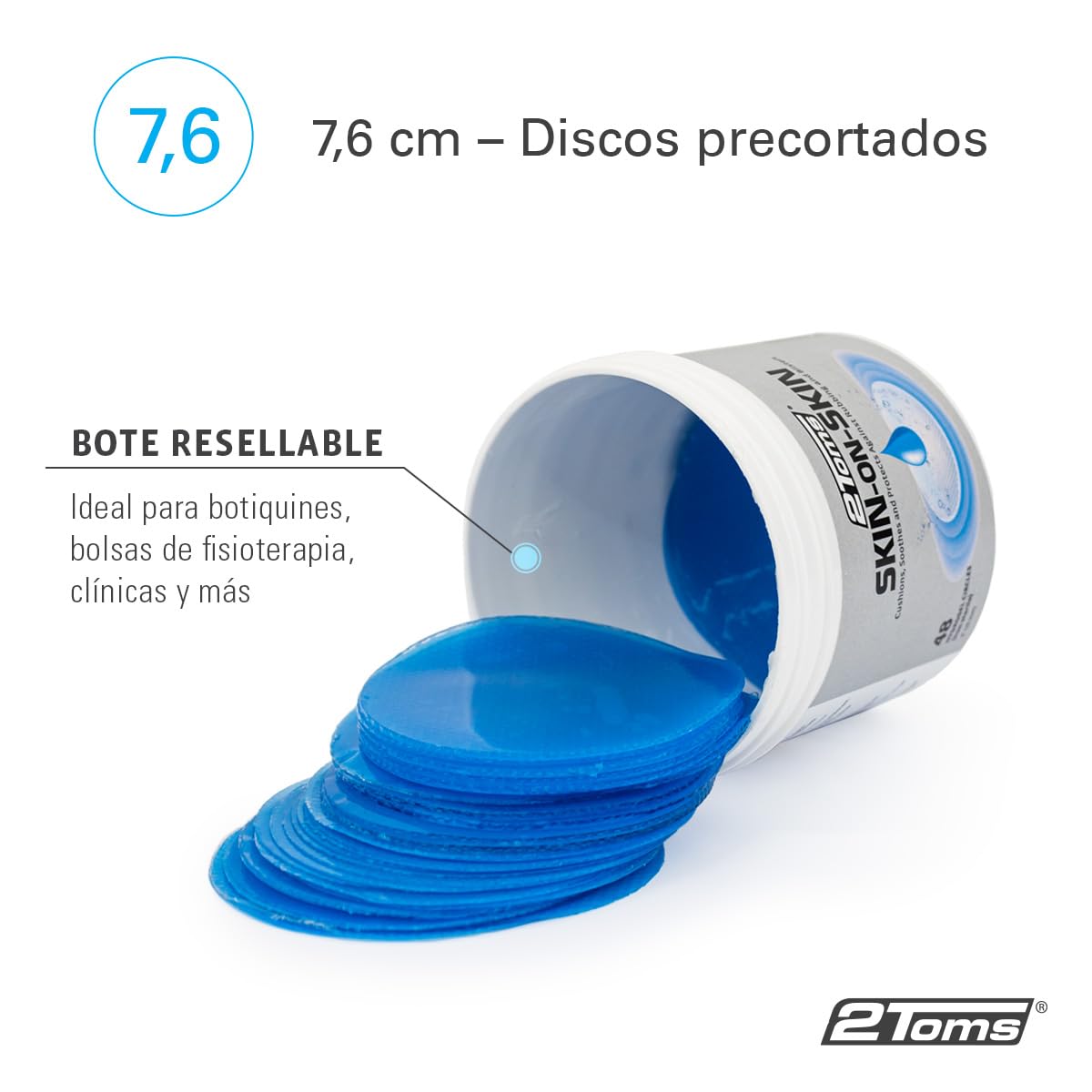 2Toms Skin-On-Skin – 48 Discos de Hidrogel – Apósitos para Ampollas en Pies y Talones, Protección Anti-Rozaduras y Alivio de Quemaduras – Parches para Ampollas No Adhesivos y Calmantes