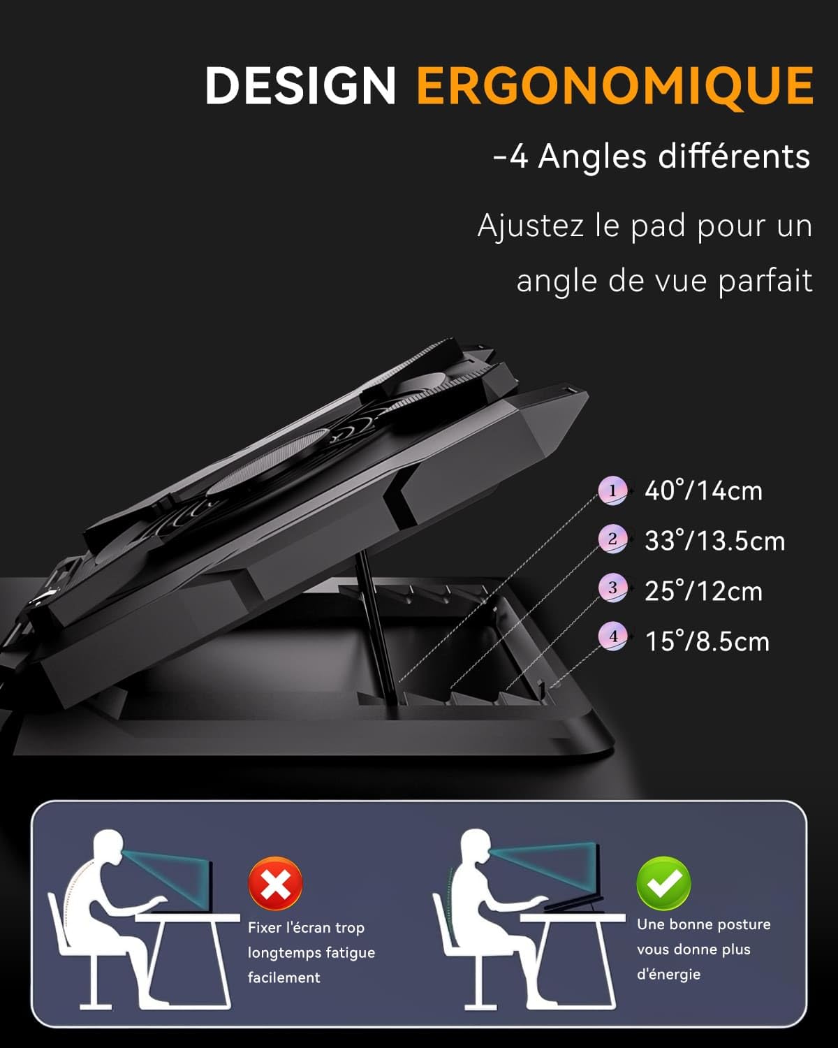Refroidisseur PC Portable, Support Ventilé Gaming avec Puissant Ventilateur 7,1 Pouces, Lumières RGB & Contrôle à 3 Vitesses & Écran LCD, Support Réglable en Hauteur pour Ordinateurs 12"-21"
