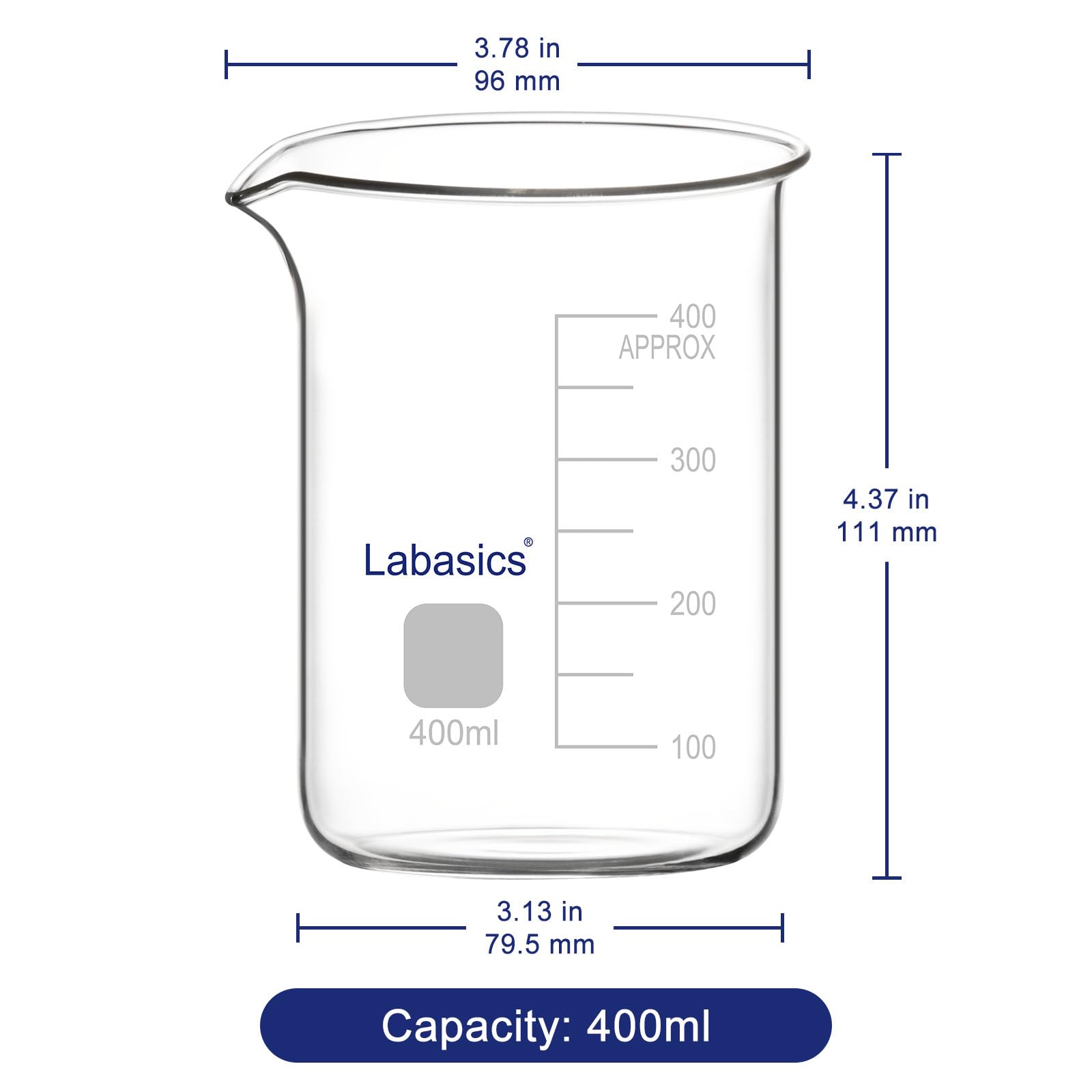 Labasics Bicchiere di Vetro, 1 Confezione, Bicchiere di Vetro Borosilicato a Forma Bassa Graduato Griffin con Beccuccio Versatore, 400 ml, Resistenza ad Alta Temperatura, Uso in Laboratorio