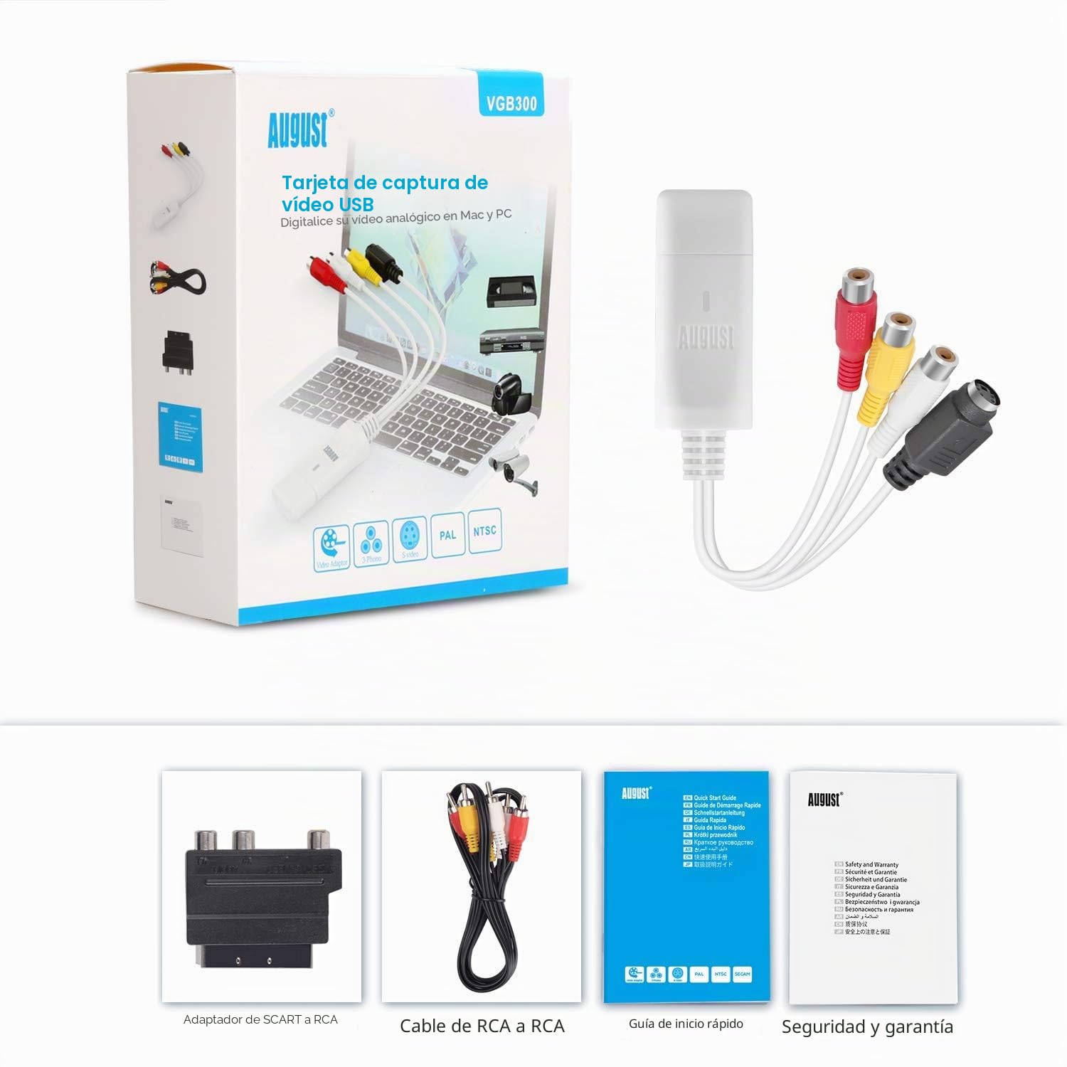 August VGB300 Tarjeta de Captura de vídeo, Grabador de Audio y Vídeo USB Convertidor Capturadora VHS DVD Digital a PC Windows y Mac Captura de Tarjeta USB Compatible con S-Video y Composite In