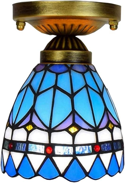 Tiffany Style Mediterranean Ceiling Fixture Lamp Blue Jeweled Stained Glass Shade 6 Inch Flush Mount Ceiling Light for Living Room Bedroom Hotel 1 Lights,Feather