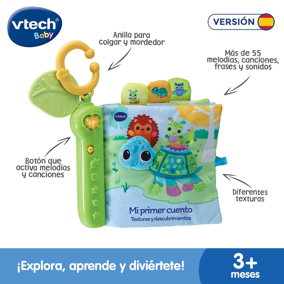 VTech-Baby Mi Primer Cuento Texturas y descubrimientos, Libro Infantil de Tela, Bebés +3 Meses, Descubre la Naturaleza y los Animales, estimula Sentido del Tacto, Anilla para Colgar, Versión ESP
