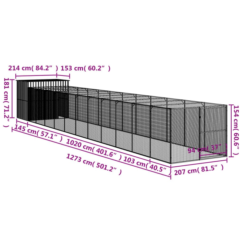 Mangloder Caseta para Perros con Caño de Acero Galvanizado Antracita 214x1273x181cm Impermeable para Jardín, Terraza y Exterior, Protección Segura para Cachorros y Perros