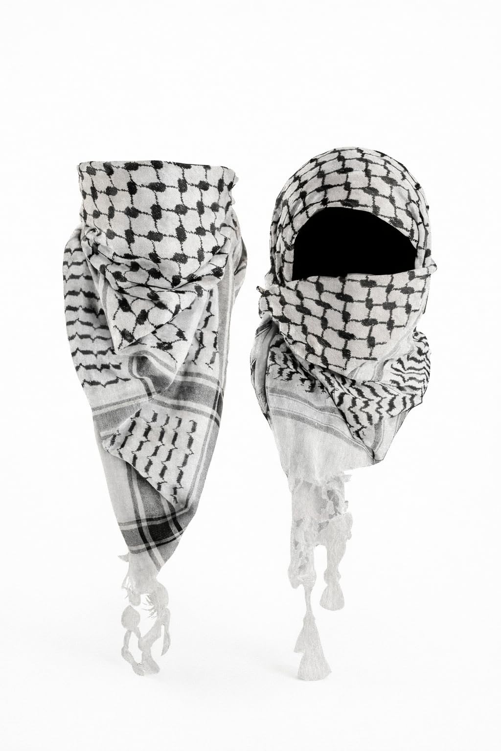 Arabic Scarf with Tassel Fringe, Black and White Houndstooth Pattern, Traditional Shemagh Keffiyeh Style-image-23