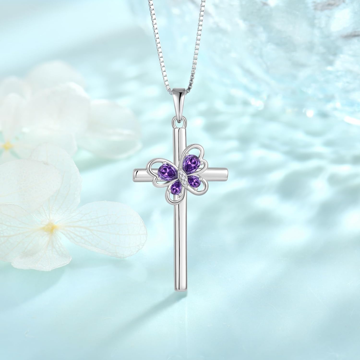 FJ Cross Pendant Necklace 925 Sterling Silver Butterfly Necklace Birthstone Jewelry Gifts for Women - Image 3