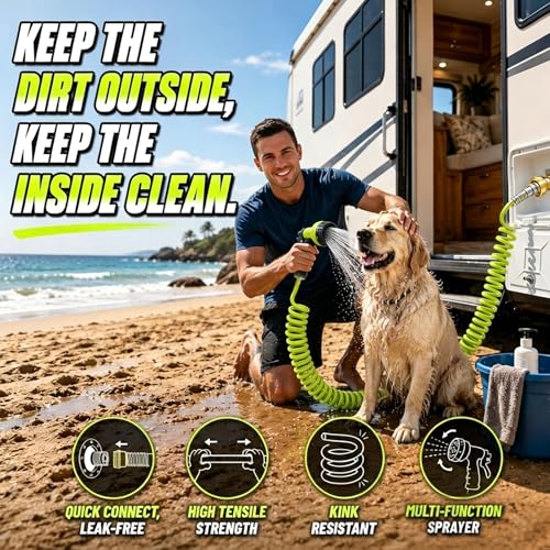 Image of RV Outdoor Shower Hose, RV Quick Connect Water Hose for RV Exterior Shower | Retractable 15FT RV External Shower Hose with 8 Spray Modes for Dog Wash, Muddy Feet, Camping Gear & Outdoor Cleanup