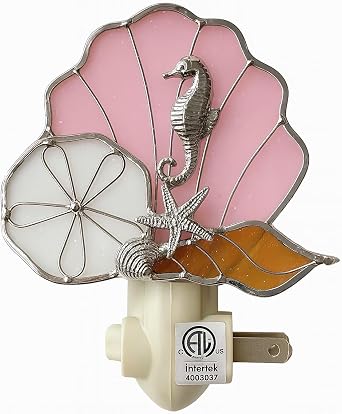 na Sea Shell Night Light Stained Glass with Seahorse, Sand Dollar, Starfish Design Coastal Nightlight with 5W Bulb Plug-in Accent Light by Juhlin Glass Studio - 1Piece