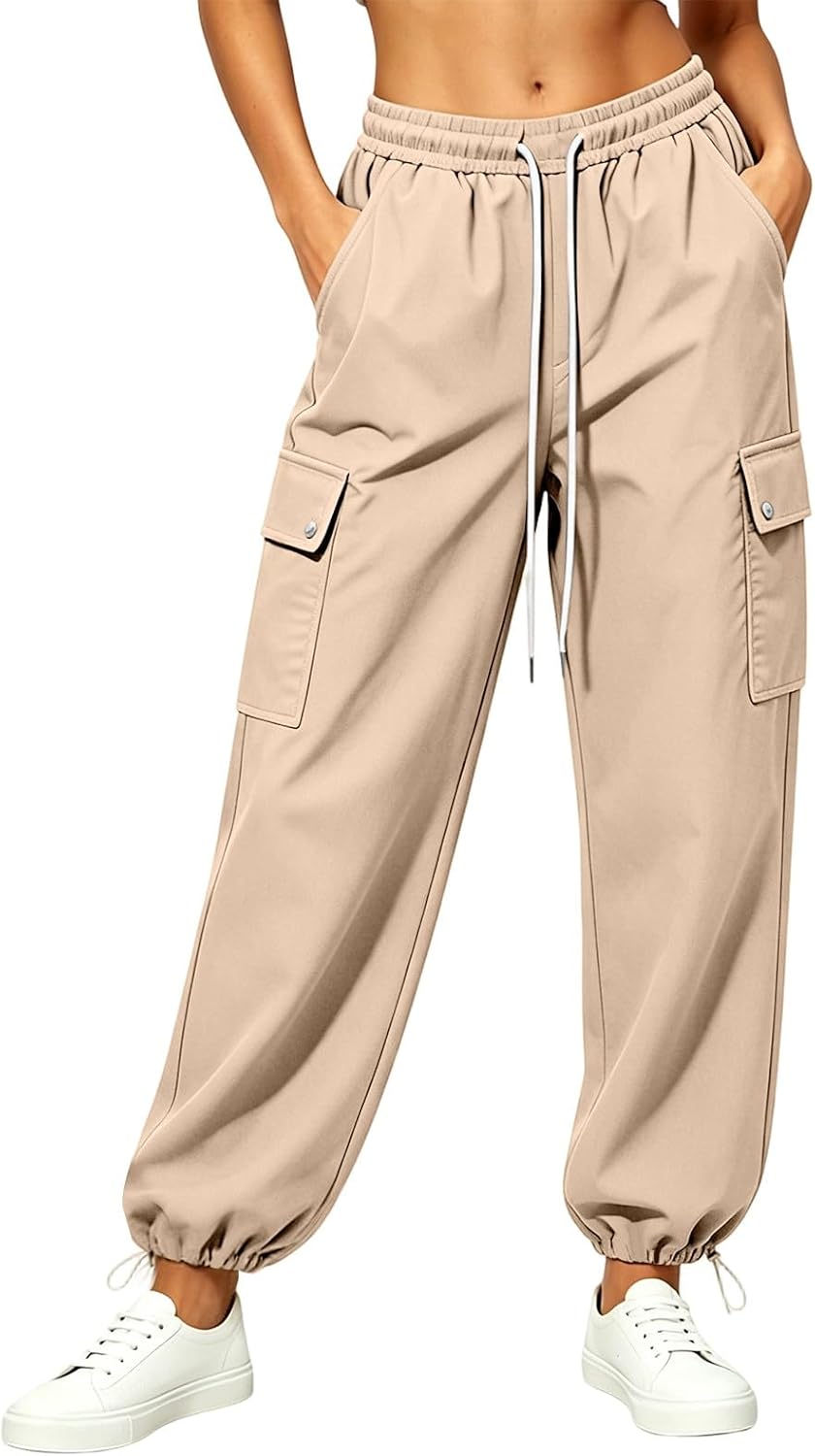 Women's Cargo Jogger Pants Drawstring Waist Flap Pockets | Tapered Cargo Trousers With Large Thigh Pockets, Adjustable Ankle Cords For Travel, Hiking, Festivals, Campus And Daily