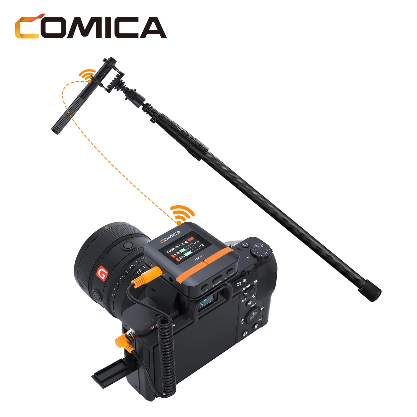 Comica VM40 Microfono Shotgun Wireless, Diagramma Polare Super Cardioide 2.4G, Registrazione Float 48kHz/32-bit, Doppia Modalità Cablata/Wireless, Archiviazione di Registrazione Integrata 32G