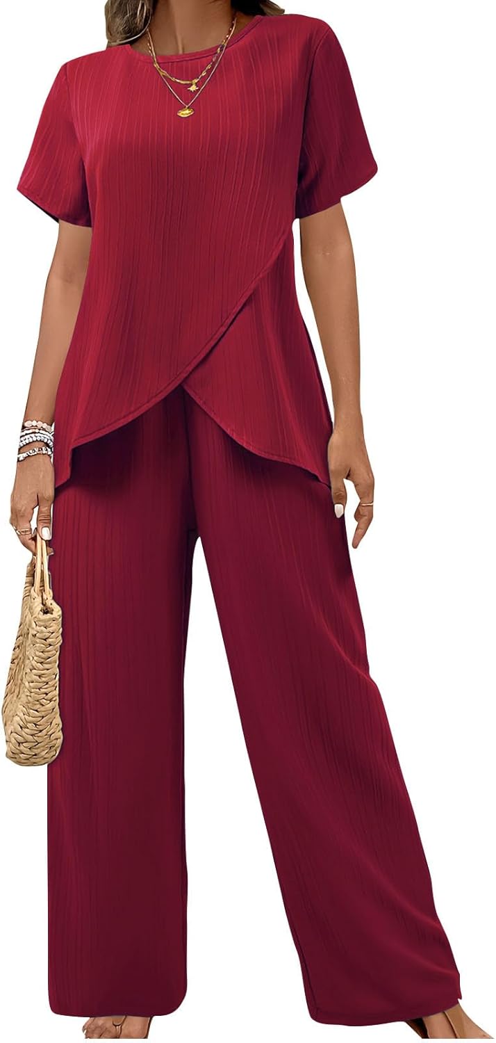 Womens Lounge Sets Summer Beach Vacation 2 Piece Outfits Short Sleeve Tops with Asymmetrical Hem Straight Leg Pants