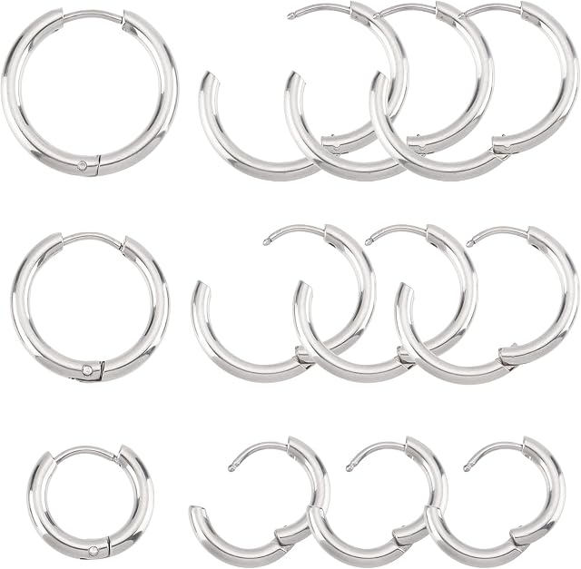 DICOSMETIC 12pcs 3 Sizes 15mm/19mm/20.5mm 304 Stainless Steel Huggie Hoop Earrings Findings Circle Ring Earrings Metal Hypoallergenic Earrings for Jewelry Making,Pin:0.9mm