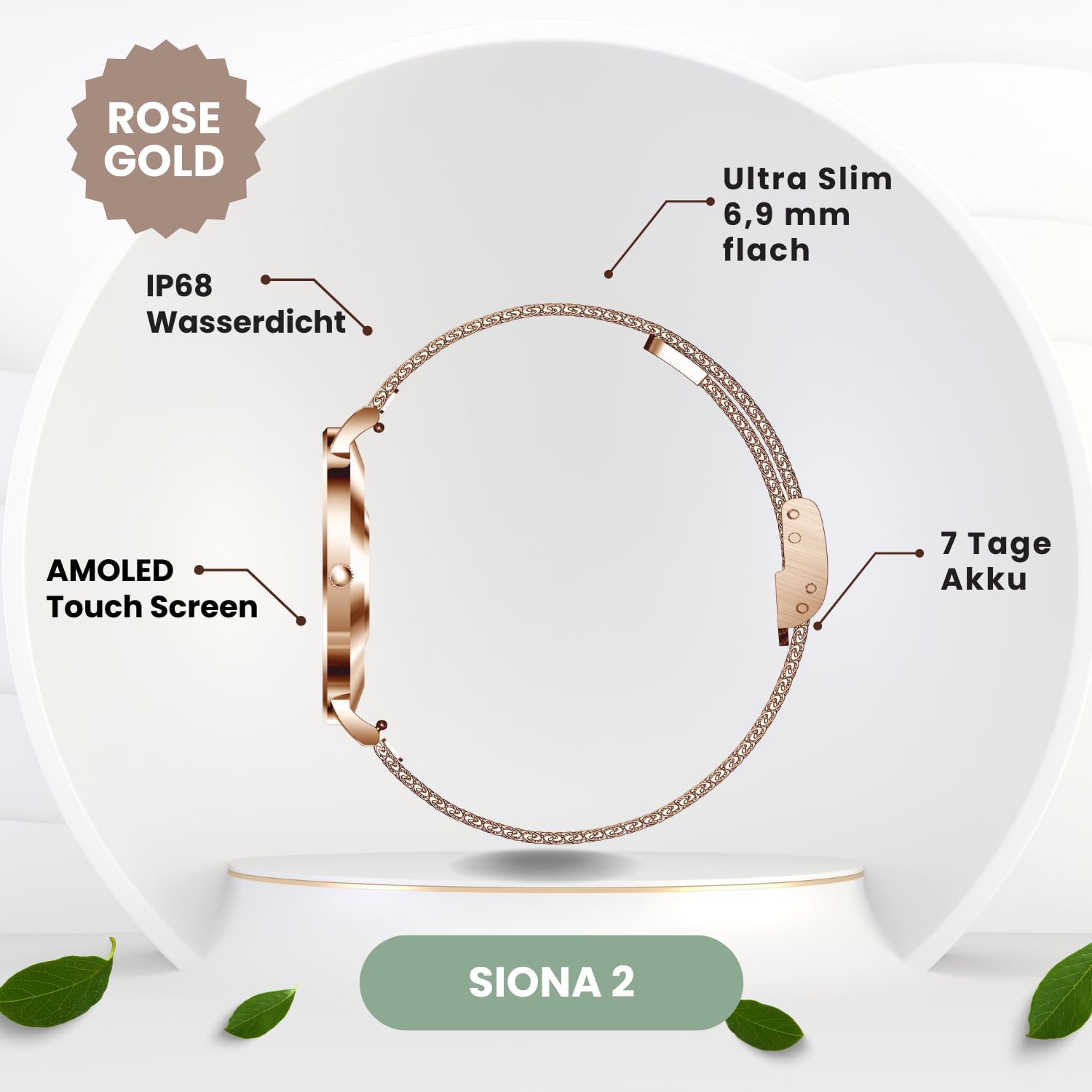 XCOAST SIONA 2 Damen Smartwatch Roségold 1,3" AMOLED Fitnessuhr Herzfrequenz Blutdruck SPO₂ IP68 wasserdicht 7 Tage Akku Android iOS