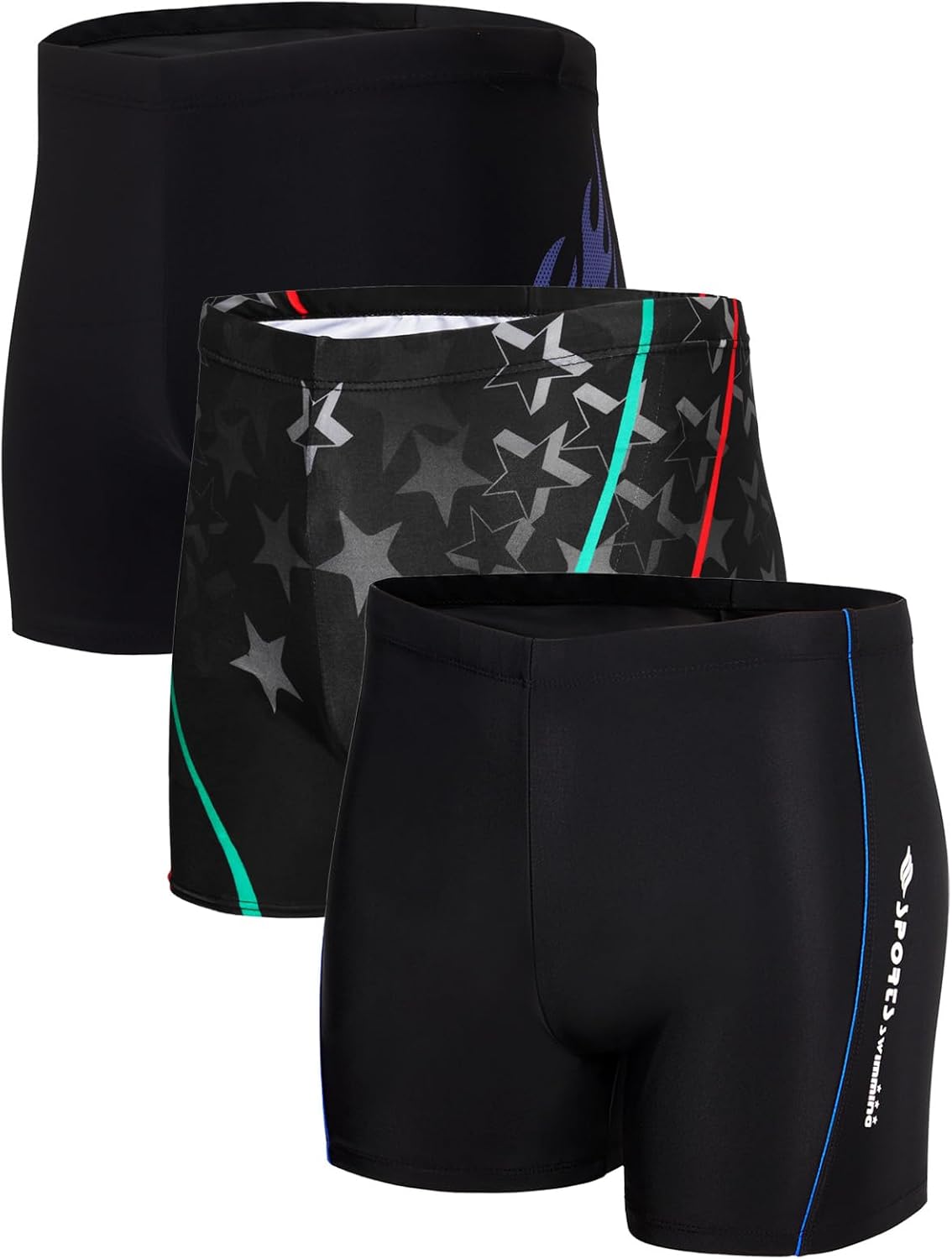 KANAV 3 Pack Men's Athletic Square Leg Swimsuit Jammers Durable Compression Swim Briefs Training Bathing Swimming Shorts