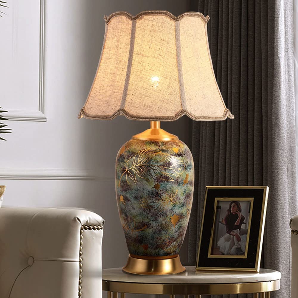 Lampada da Tavolo Lampade Luce da Comodino Ceramica Dorata Dipinta a Mano Stile Rustico Tradizionale Scrivania Comodino (Colore: Telecomando