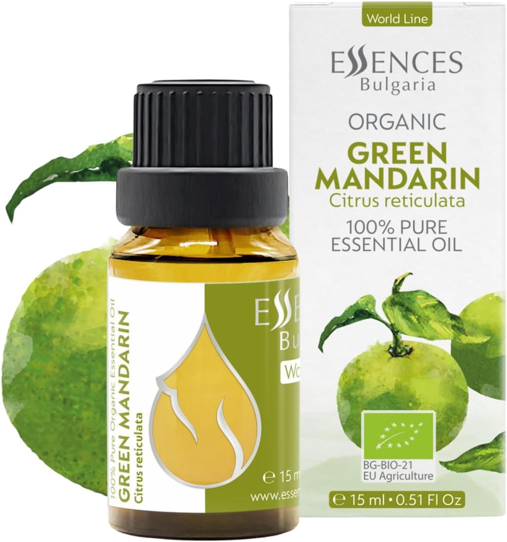 Essences Bulgaria Organic Green Mandarin Essential Oil 15ml Citrus reticulata - 100% Pure and Natural Undiluted Therapeutic Grade Aromatherapy Diffuser Humidifier Candle Making Body Oil