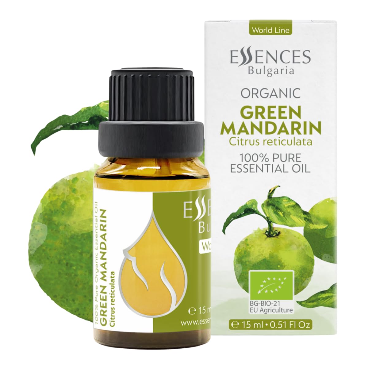Essences Bulgaria Organic Green Mandarin Essential Oil 0.51 Fl Oz 15ml Citrus reticulata - 100% Pure and Natural Undiluted Therapeutic Grade Aromatherapy Diffuser Humidifier Candle Making Body Oil