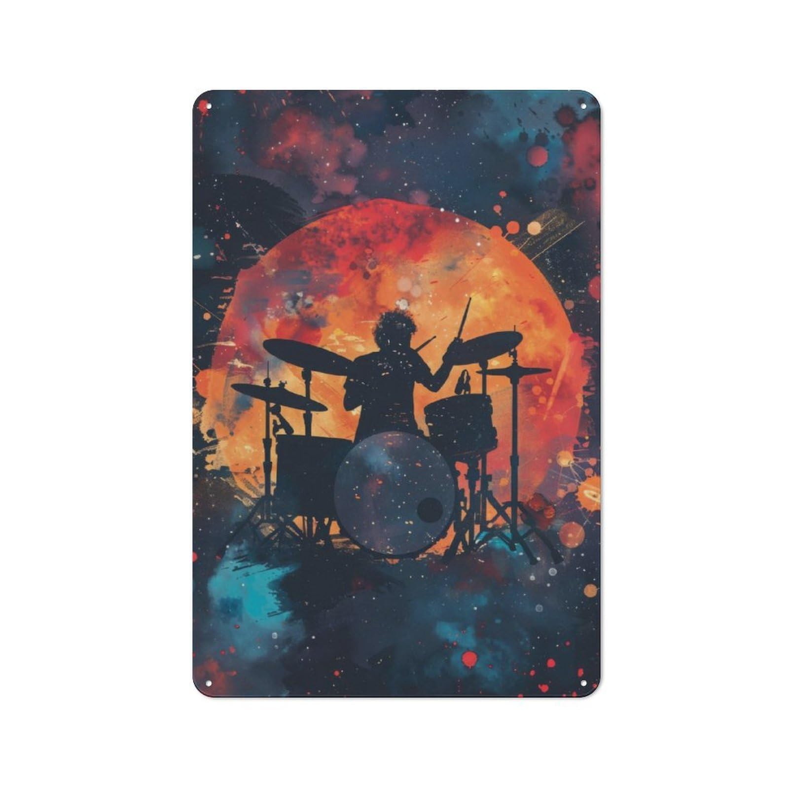 Junmoney Drum Galaxy Silhouette Retro Metal Wall Decor 30X20cm, Metal Wall Art Sign For Living Room, Hallway, Kitchen Or Cafe