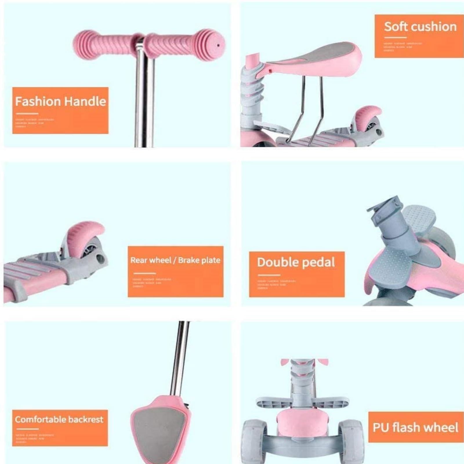 Patinete para Niños 5-en-1 con Asiento Extraíble, 3 PU Ruedas Parpadeantes, Manillar de Altura Ajustable, Respaldo cómodo, Fácil de Dirigir, Patinete Infantil para Niños y Niñas de 1 a 6 Años