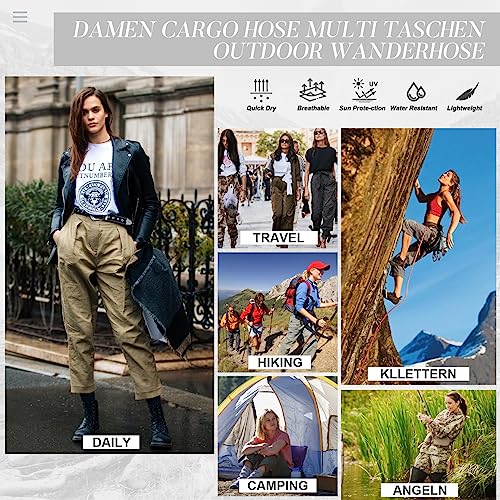 yeyity Cargohose Damen Hosen Multi Taschen Wanderhose Outdoorhose Baumwolle Arbeitshose Jogginghose Relaxed-Fit Trekkinghose Militär Hose Streetwear(Black,2087,40)