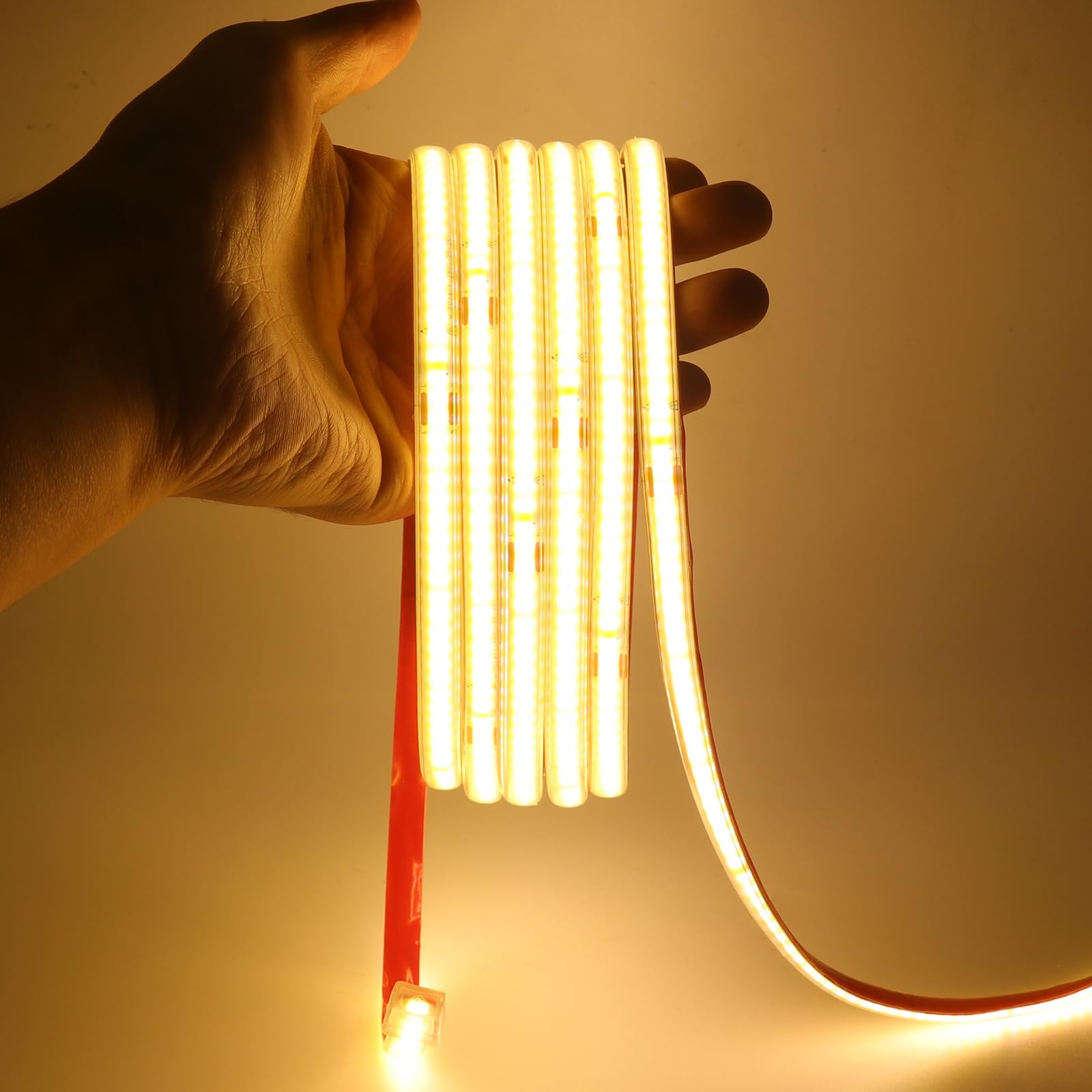 KISUFU 220V Striscia LED COB con Nastro Adesivo, IP65 impermeabile, Alta luminosità 240 LED/m, Flessibile Luminoso Nastri LED per armadio cucina casa camera da letto interni (Bianco Caldo, 39M)