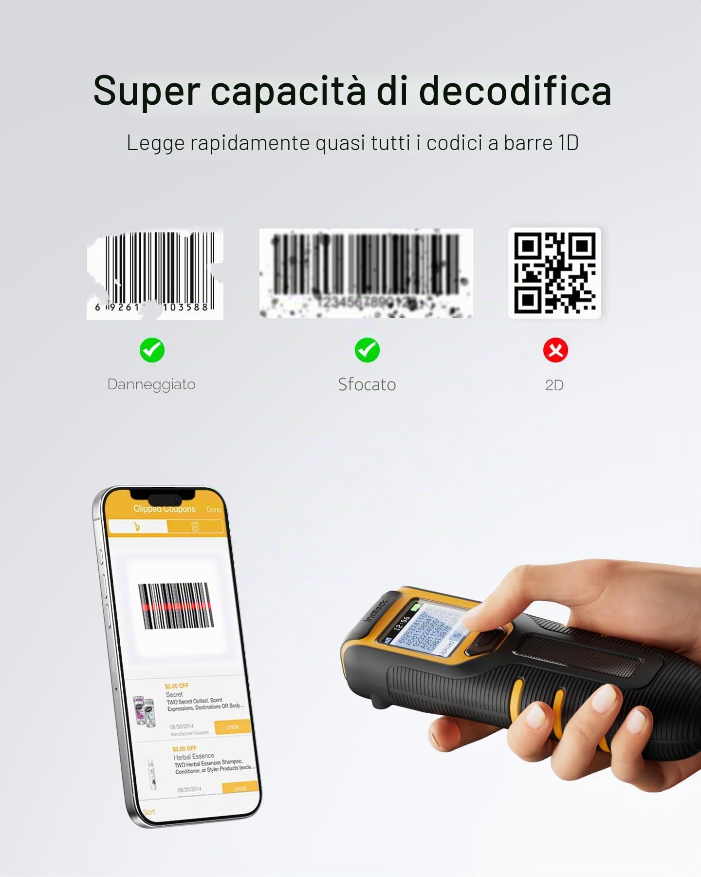 Inateck Lettore Portatile di Codici a Barre 1D Wireless con Schermo, 1000 mAh Lunga Autonomia, 105g Senza Fili Barcode Scanner con App e SDK per Tablet iPhone iPad Android iOS PC POS, BCST-49