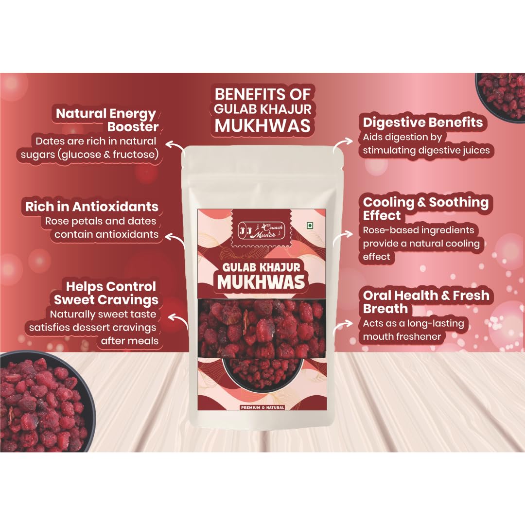 J J Crunch Munch Gulab Khajur Mukhwas | Premium Natural Dried Date Snack | Traditional Indian Sweet Mukhwas | Healthy Roasted Fruit Mix | After-Meal Digestive (300 GM)