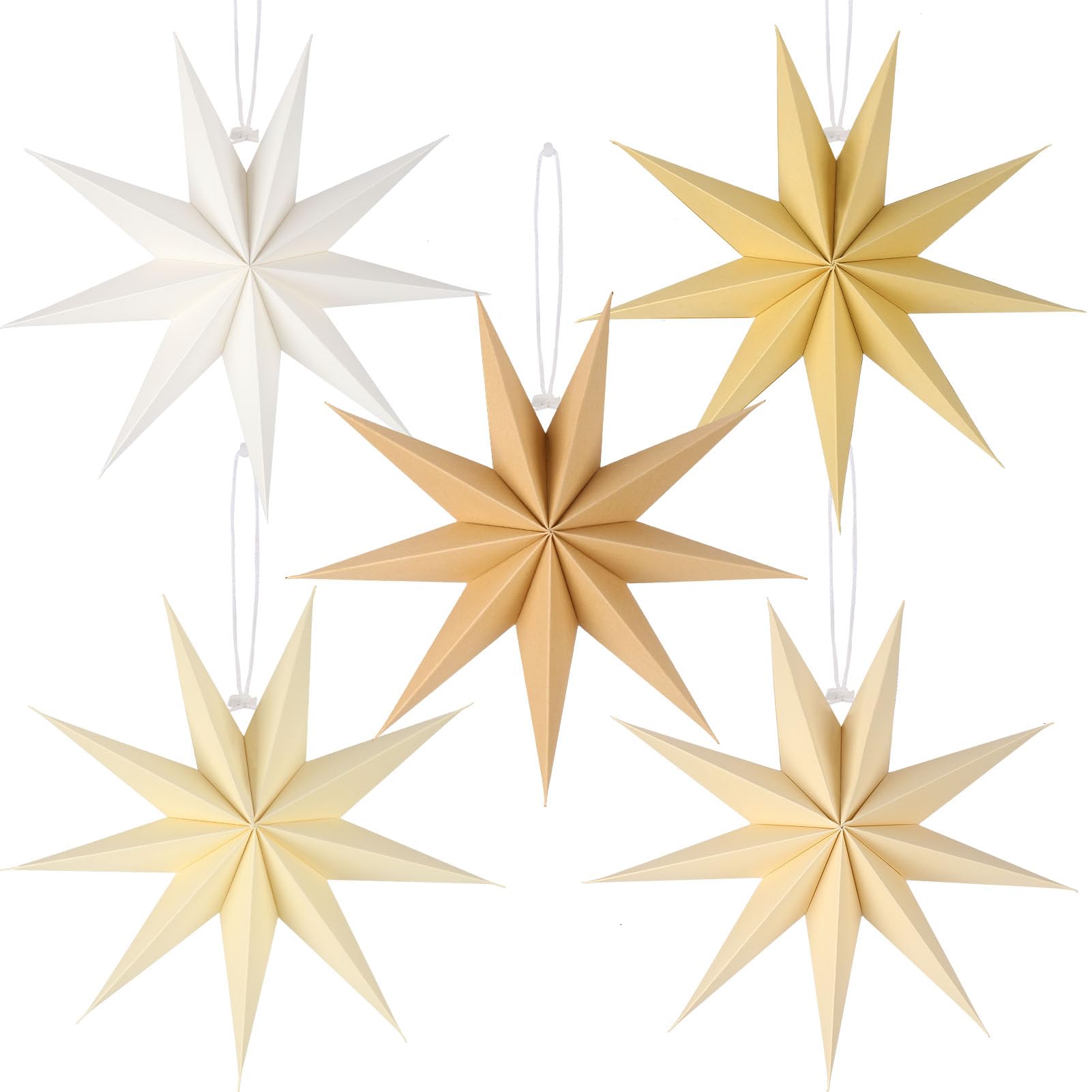 12 Inches 5 PCS Natural Beige Paper Star Lanterns Christmas Party Decorations Hanging Stars Wedding Birthday Christmas Home Party Decorations(9 Pointed)