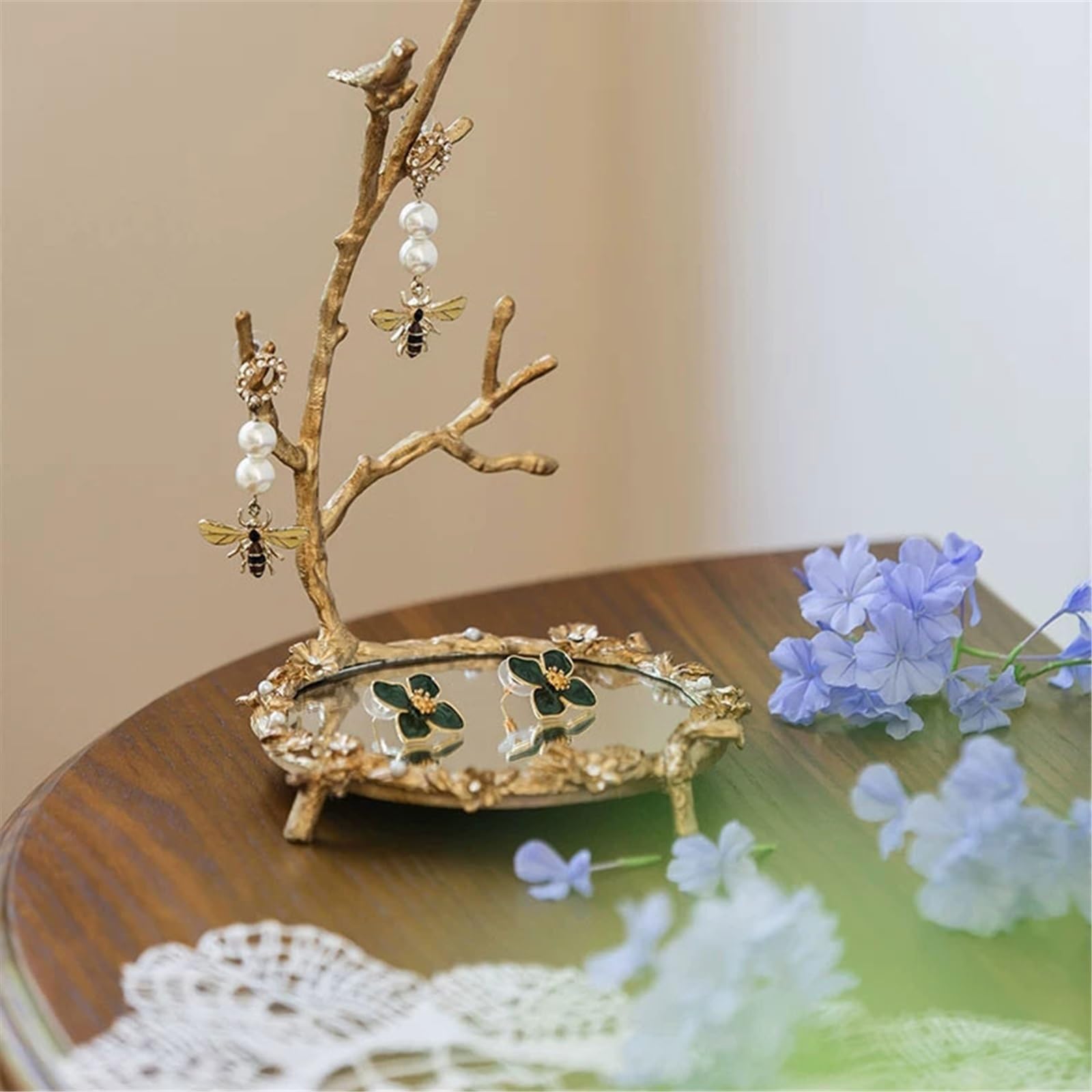Stojak na biżuterię Vintage Golden Branch Alloy Jewelry Stand with Mirror Tray Stojak na naszyjnik