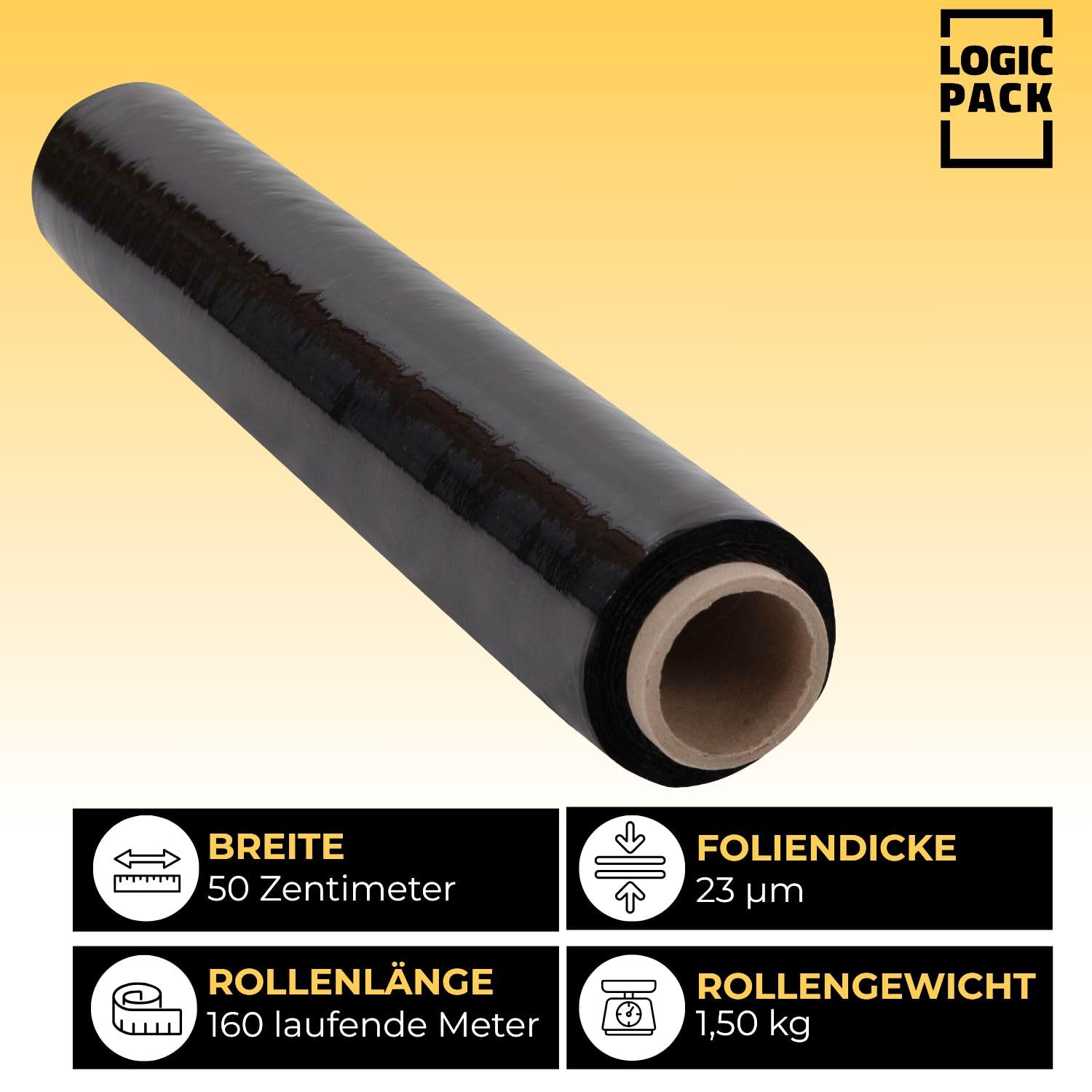 Stretchfolie Schwarz 50cm x 160m (1,5kg) - Blickdichte Handstretchfolie, Wickelfolie für Versand & Umzug, Reißfeste Palettenfolie - 23my Schutzfolie, 3 Rollen