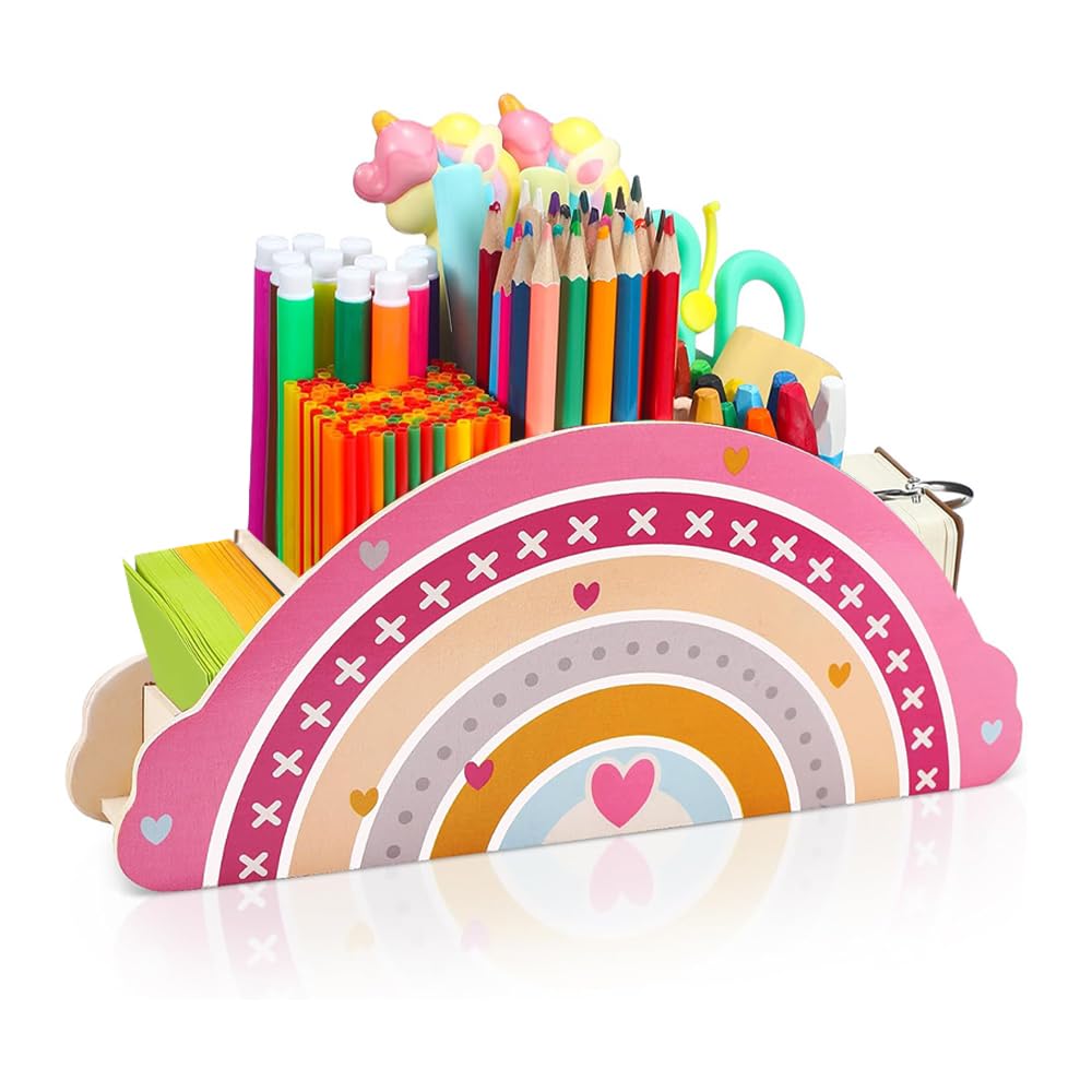 HuaMuDM portalápices madera arcoíris, Arcoiris Organizador, Organizador Lápices Madera, Soporte para Lápices, Portalápices, Almacenamiento de Escritorio (B)