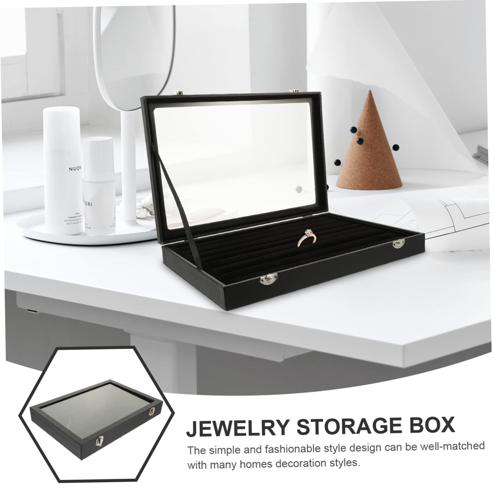 YZCIS Box Tablett Uhren Tragbare Glasanhänger Fenster Halskette Ringe Aufbewahrung B Schublade Klarer Ring Durchsichtige Plattenabdeckung mit Ledervitrine Organizer Armbänder Armband (Schwarz 1