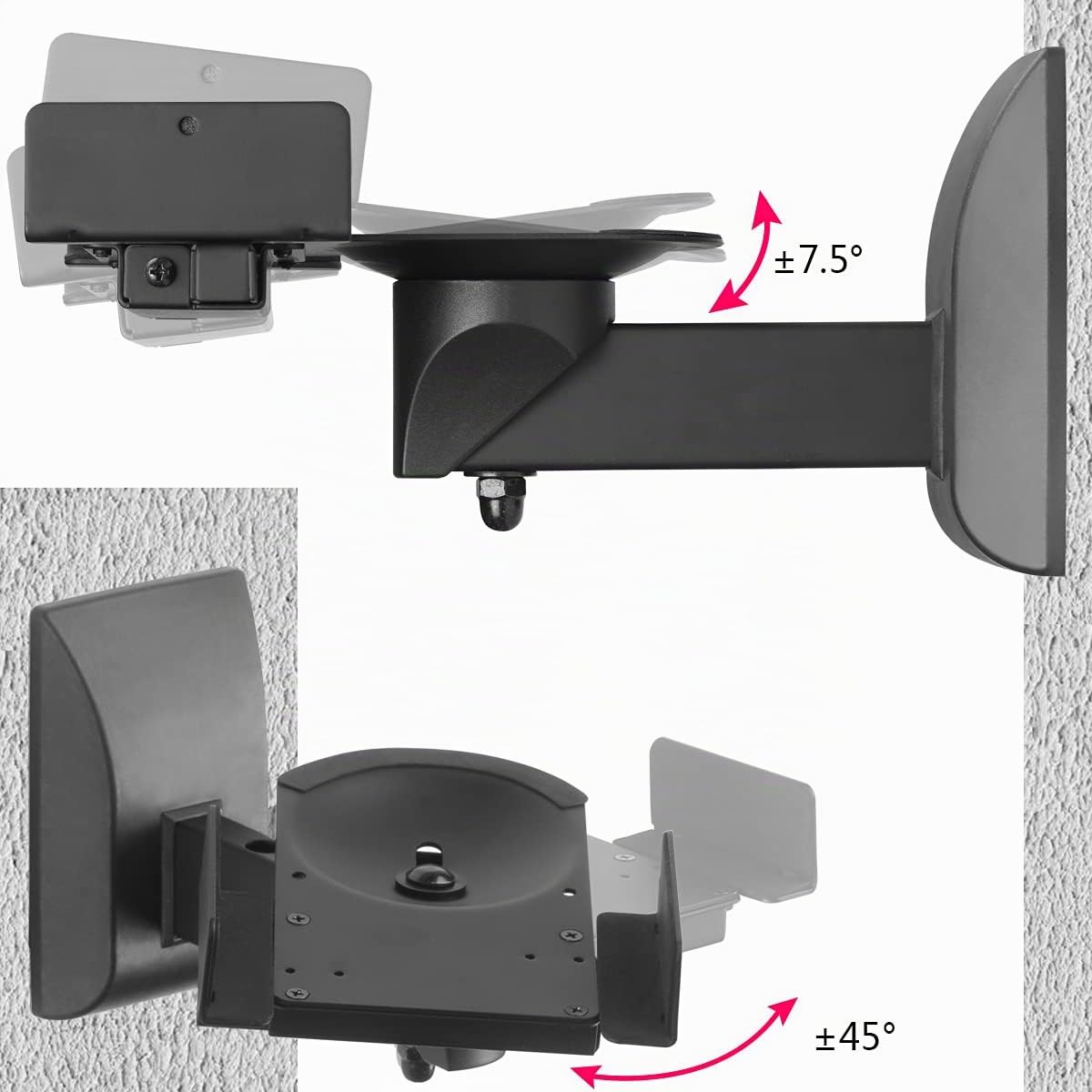 Suptek Lot de 2 supports muraux pour haut-parleurs surround - Support universel - Étagères pivotantes et inclinables jusqu'à 25 kg - Noir