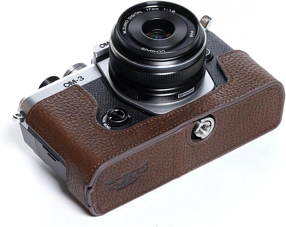 OM-3 Camera Case, BMAOLLONGB Handmade Genuine Real Leather Half Camera Case Bag Cover for Olympus OM-3 OM3 Camera Bottom Opening Version + Hand Strap (Coffee)
