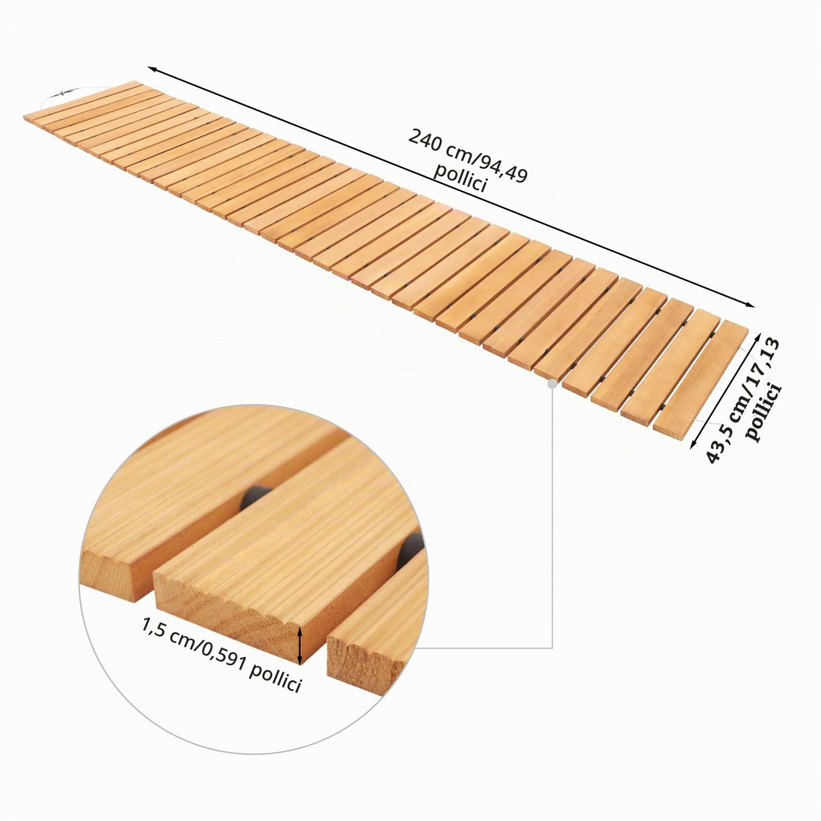 Vialetto da giardino in legno, arrotolabile, per il giardino | 243 x 43 cm, gradino in legno, per giardino, cortile, terrazza, pavimento