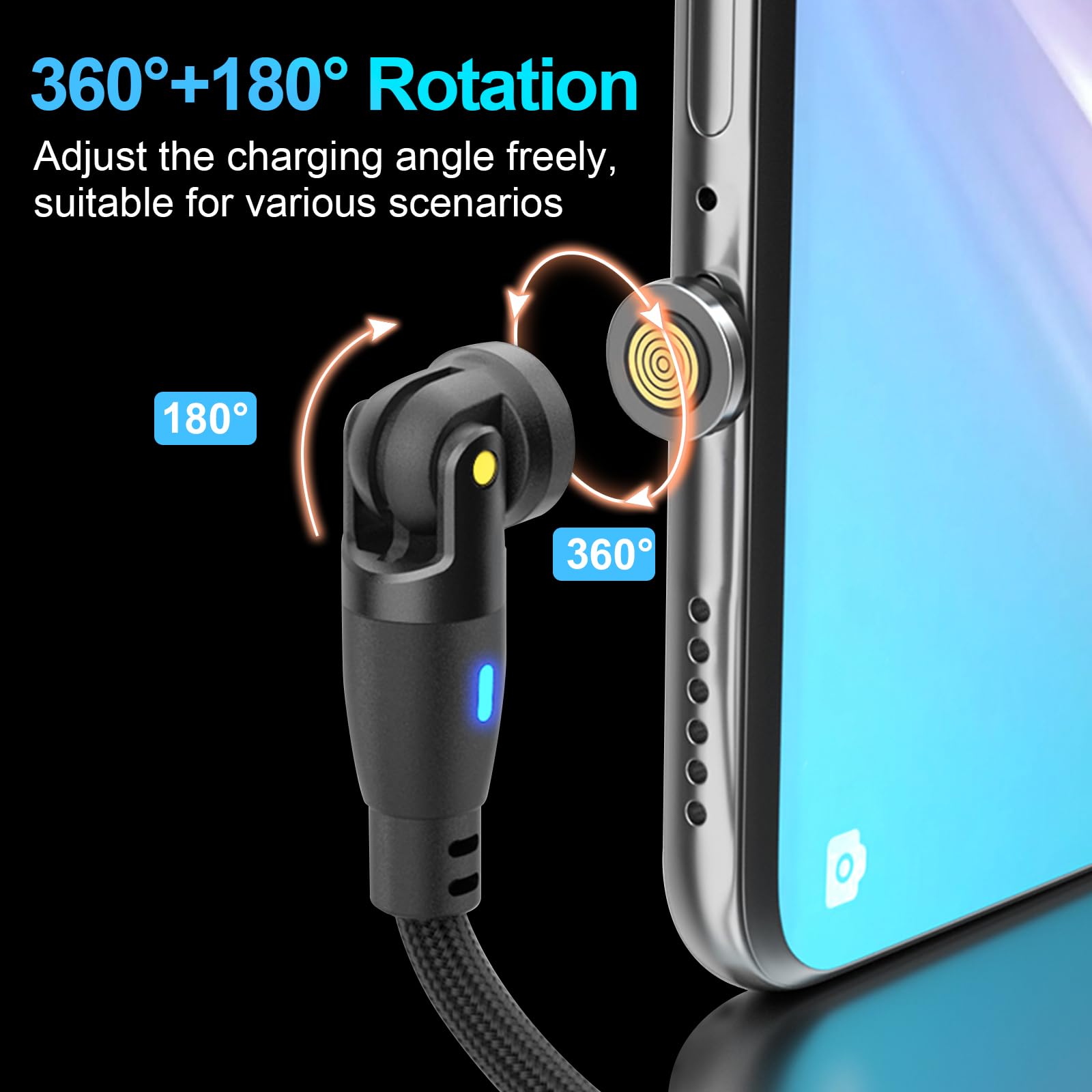 Ion 6 en 1 IP/Tipo-C/Micro USB PD 100W 540 Rotación Magnética Transmisión de Datos y Cable de Carga Rápida 1.8 Metros de Longitud